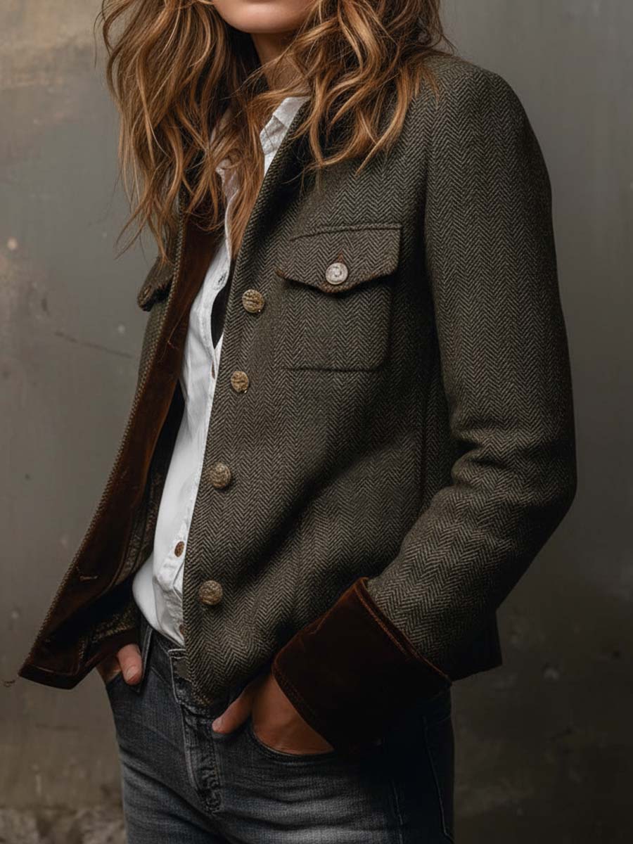 Dolores | Herringbone Blazer with Contrast Trim