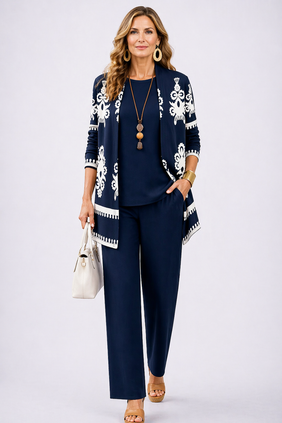 Natalie | Three-Piece Cardigan, Top and Wide-Leg Pants Set
