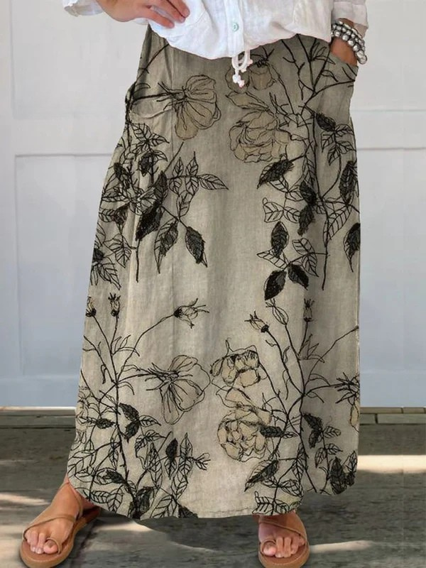 Kisses |  Retro Floral Art Elastic waistband Pocket Skirt
