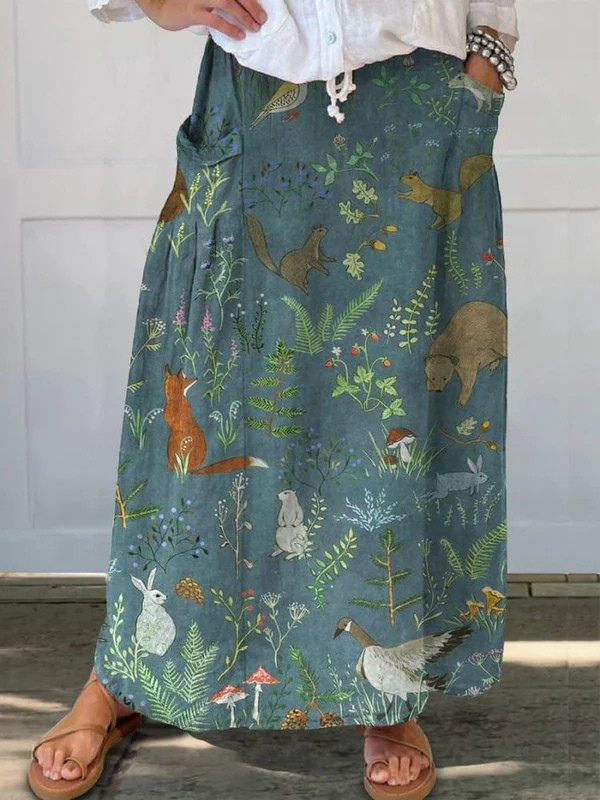 Rosil | Retro Floral Animals Art Casual Pocket Skirt