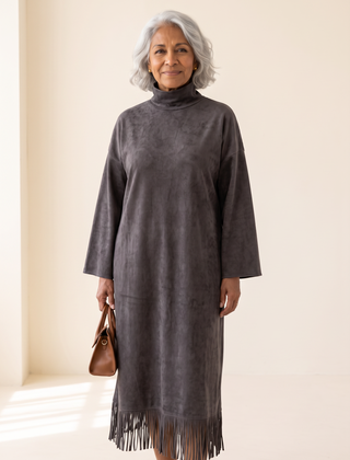 Gabrielle faux suede turtleneck dress in Dark Gray