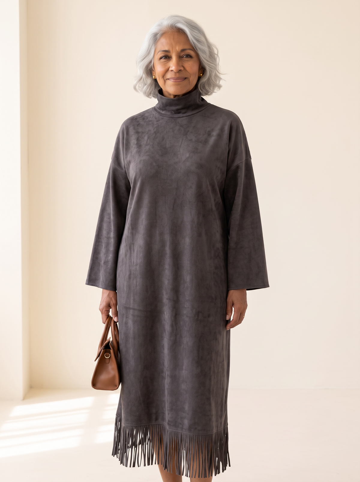 Gabrielle faux suede turtleneck dress in Dark Gray