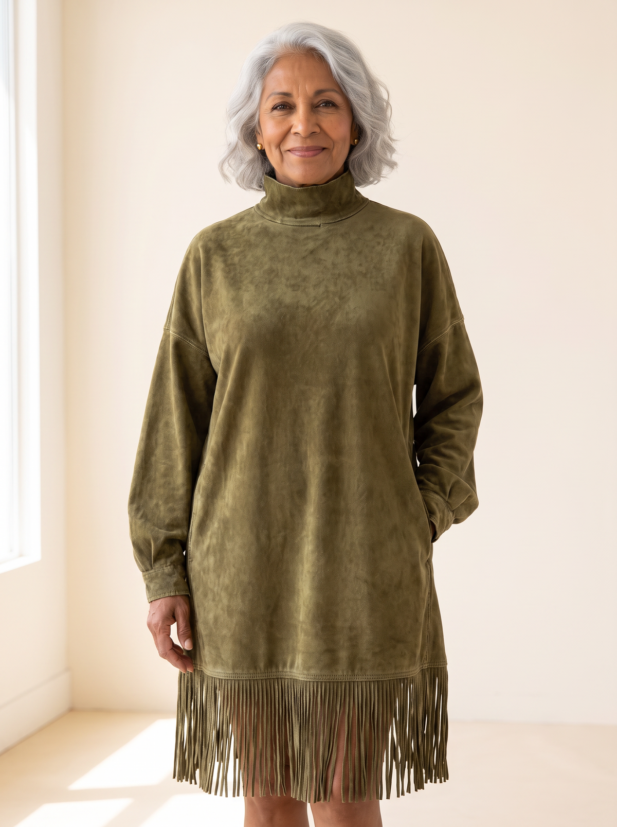 Gabrielle faux suede turtleneck dress in Green, front