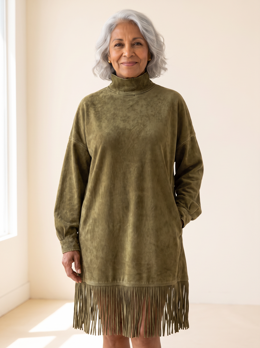 Gabrielle faux suede turtleneck dress in Green, front