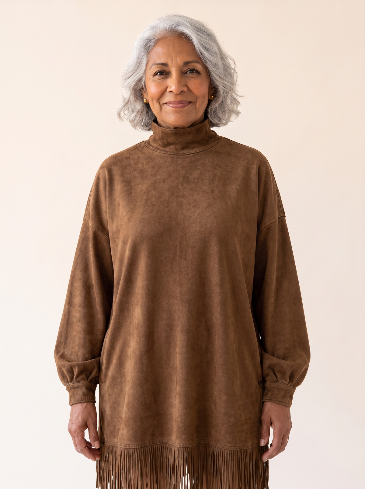 Gabrielle faux suede turtleneck dress in Brown