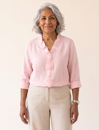 Lottie ruffle V-neck blouse in pink, front view