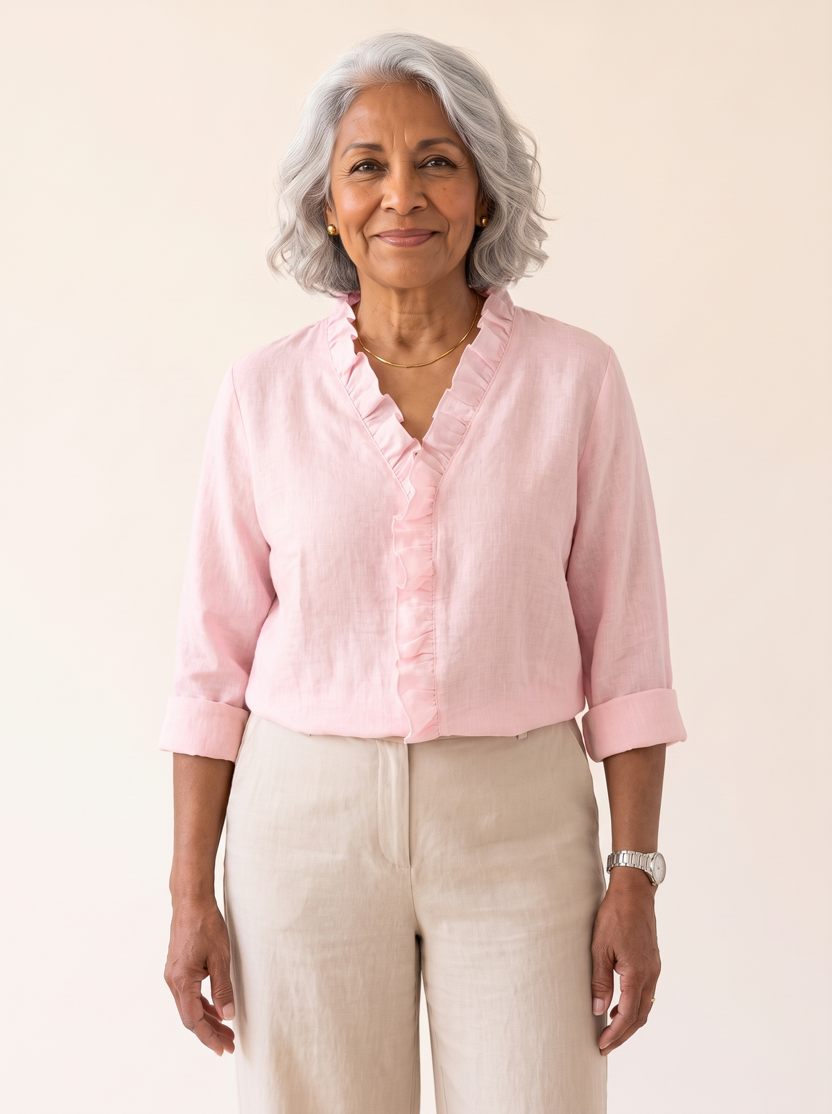 Lottie ruffle V-neck blouse in pink, front view