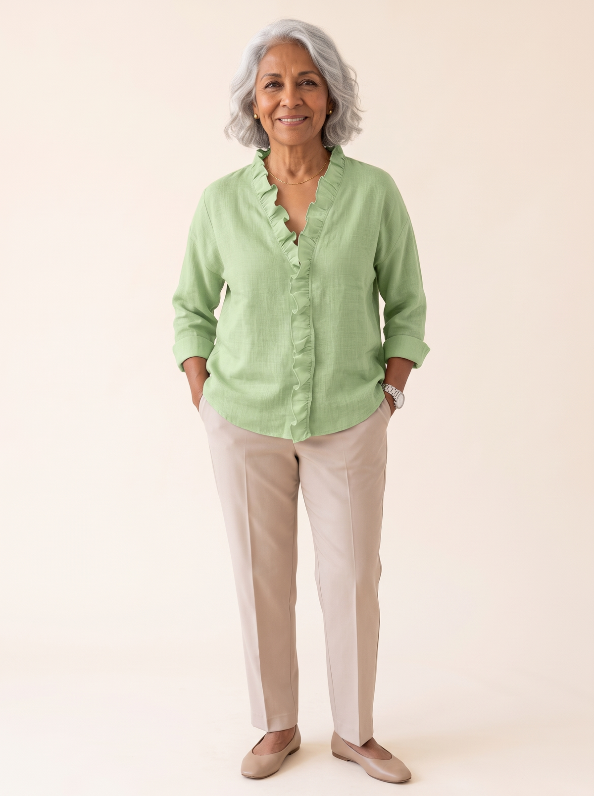 Lottie ruffle V-neck blouse in green