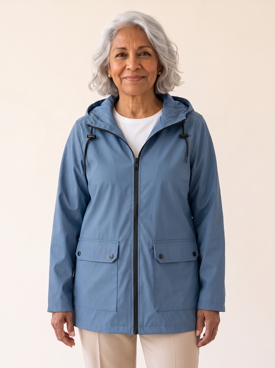 Rianna weatherproof jacket in blue, front view