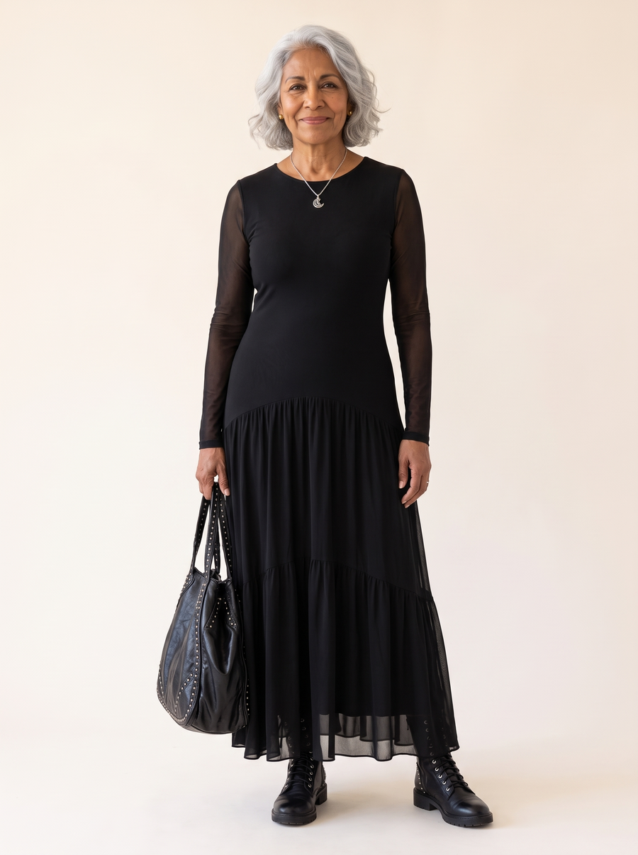 Marlowe retro sheer sleeve maxi dress, front view