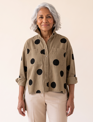 Pollie polka dot denim top in khaki