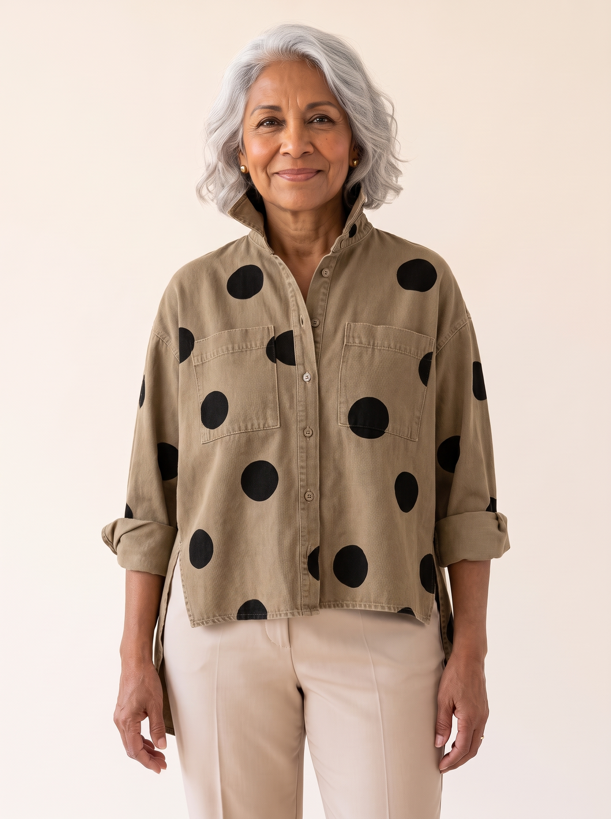 Pollie polka dot denim top in khaki