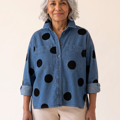 Pollie polka dot denim top in blue, front view
