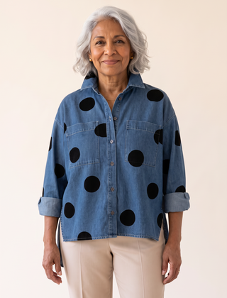 Pollie polka dot denim top in blue, front view