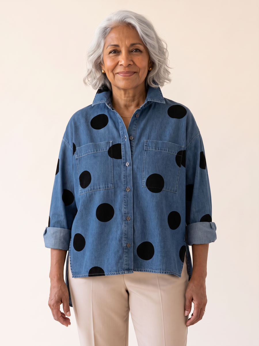 Pollie polka dot denim top in blue, front view