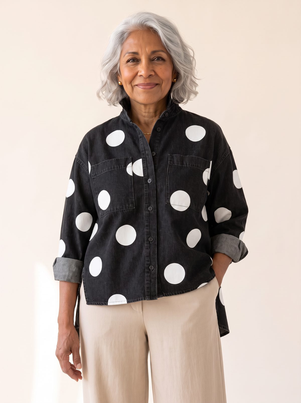 Pollie polka dot denim top in black