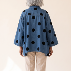 Pollie polka dot denim top in blue, back view