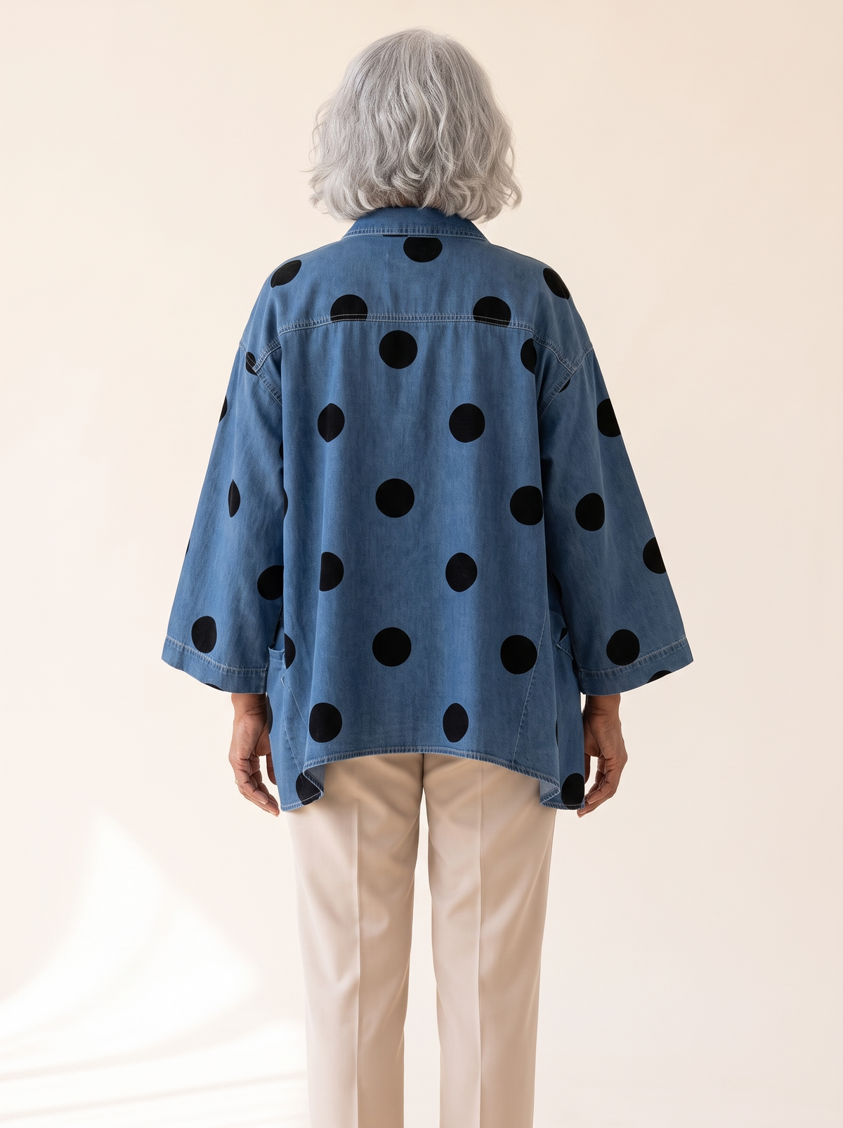 Pollie polka dot denim top in blue, back view