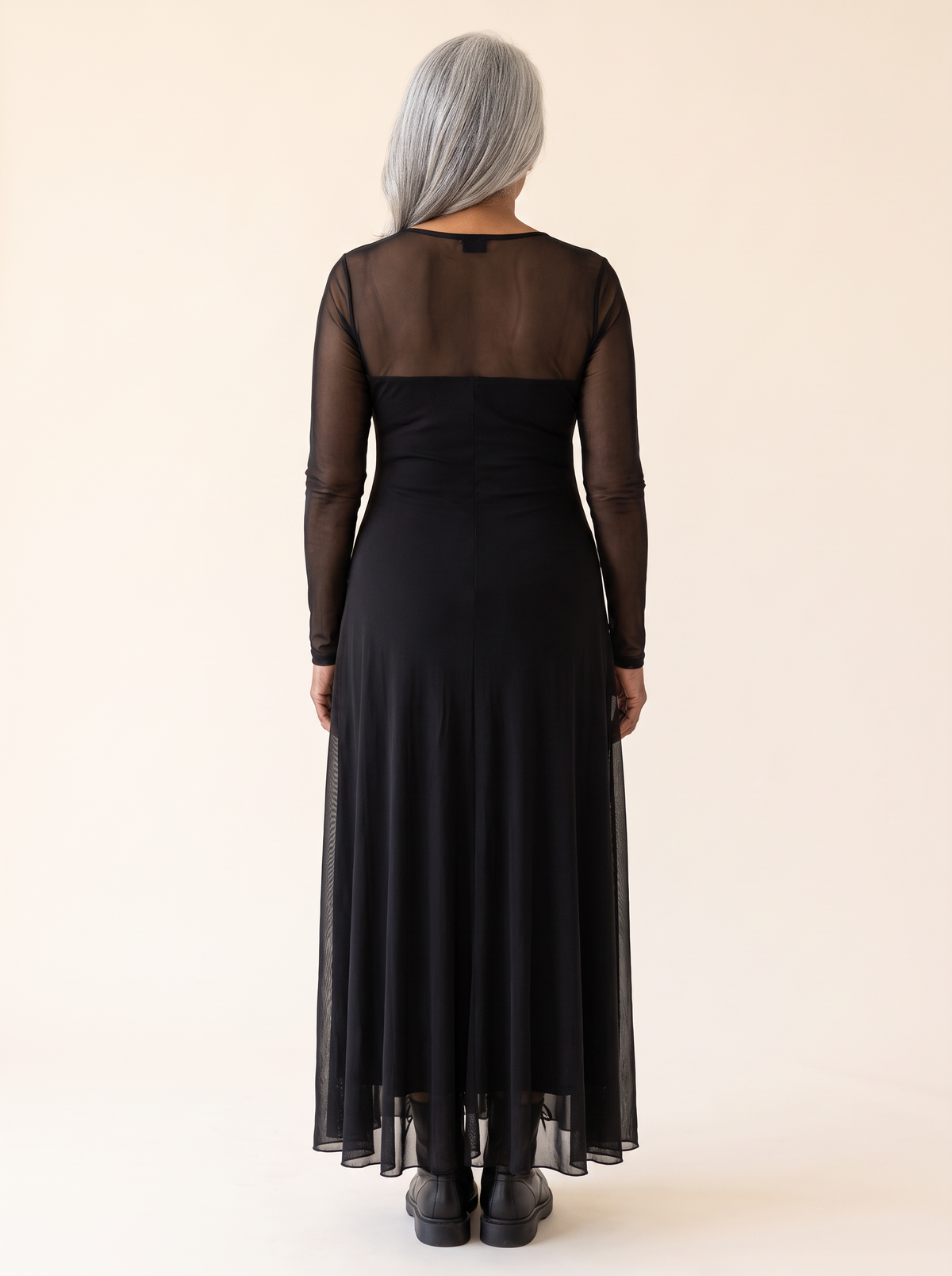 Marlowe retro sheer sleeve maxi dress, back view