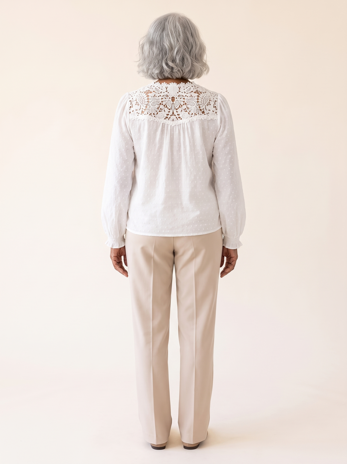 Hadley lace look blouse in white, back view
