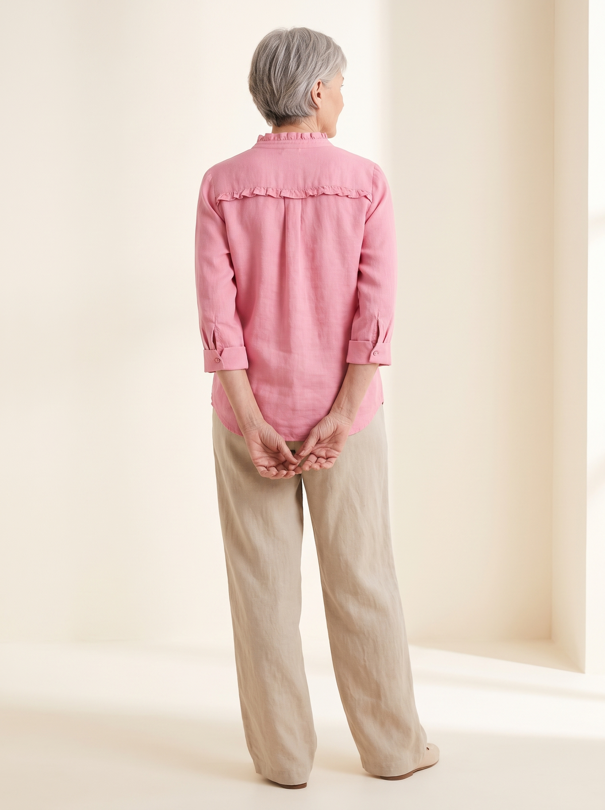 Lottie ruffle V-neck blouse in pink, back view