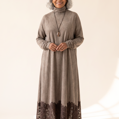 Porzia faux suede maxi dress with lace hem, front view