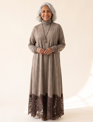 Porzia faux suede maxi dress with lace hem, front view