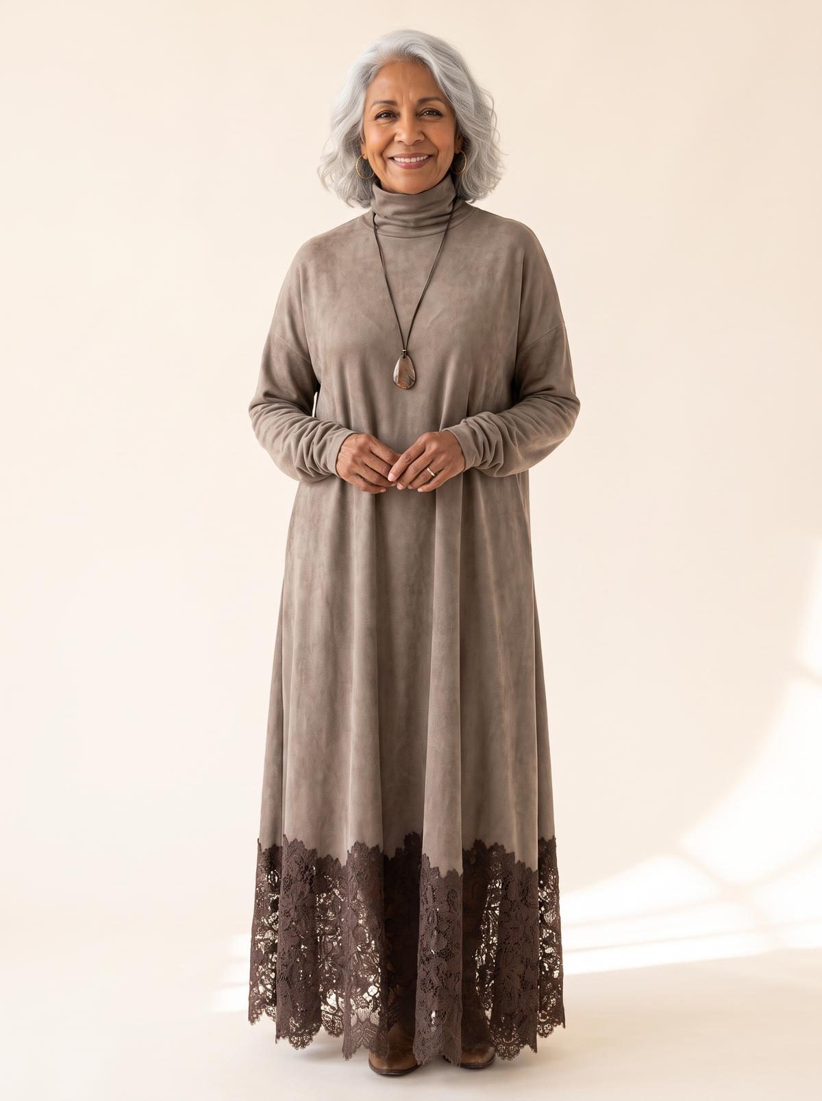 Porzia faux suede maxi dress with lace hem, front view