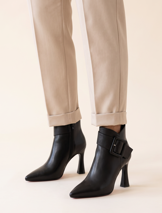 Emilie buckle ankle boots in black, front view