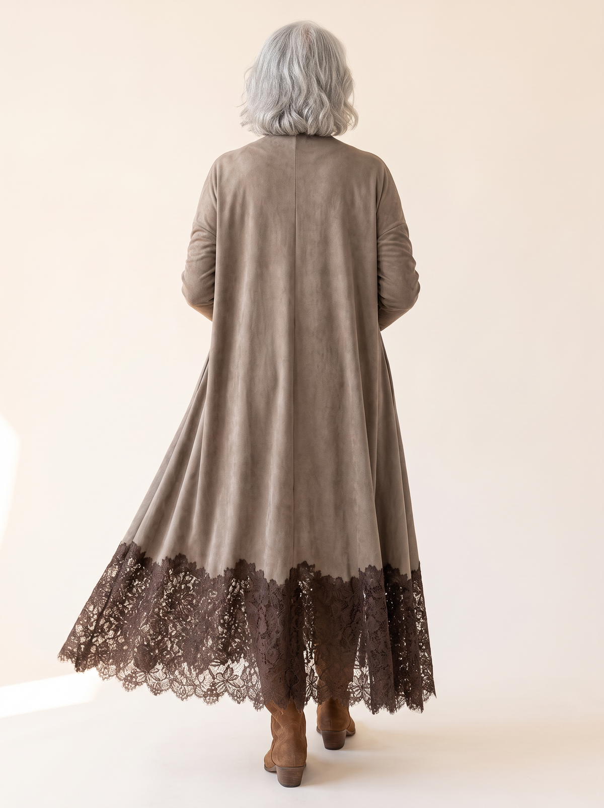 Porzia faux suede maxi dress with lace hem, back view