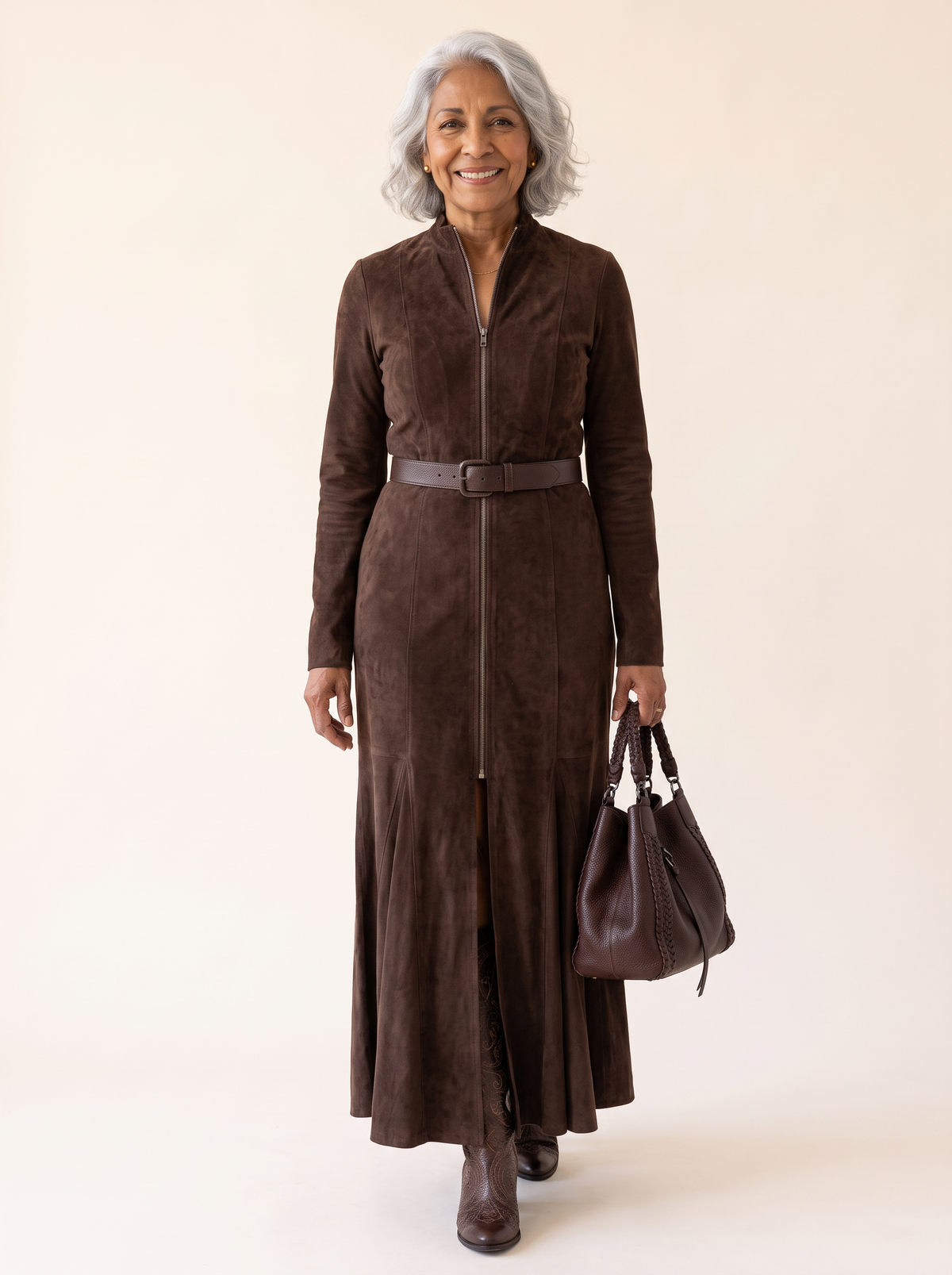 Claudia Belted Brown Maxi Dress front