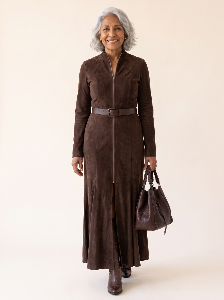 Claudia Belted Brown Maxi Dress front
