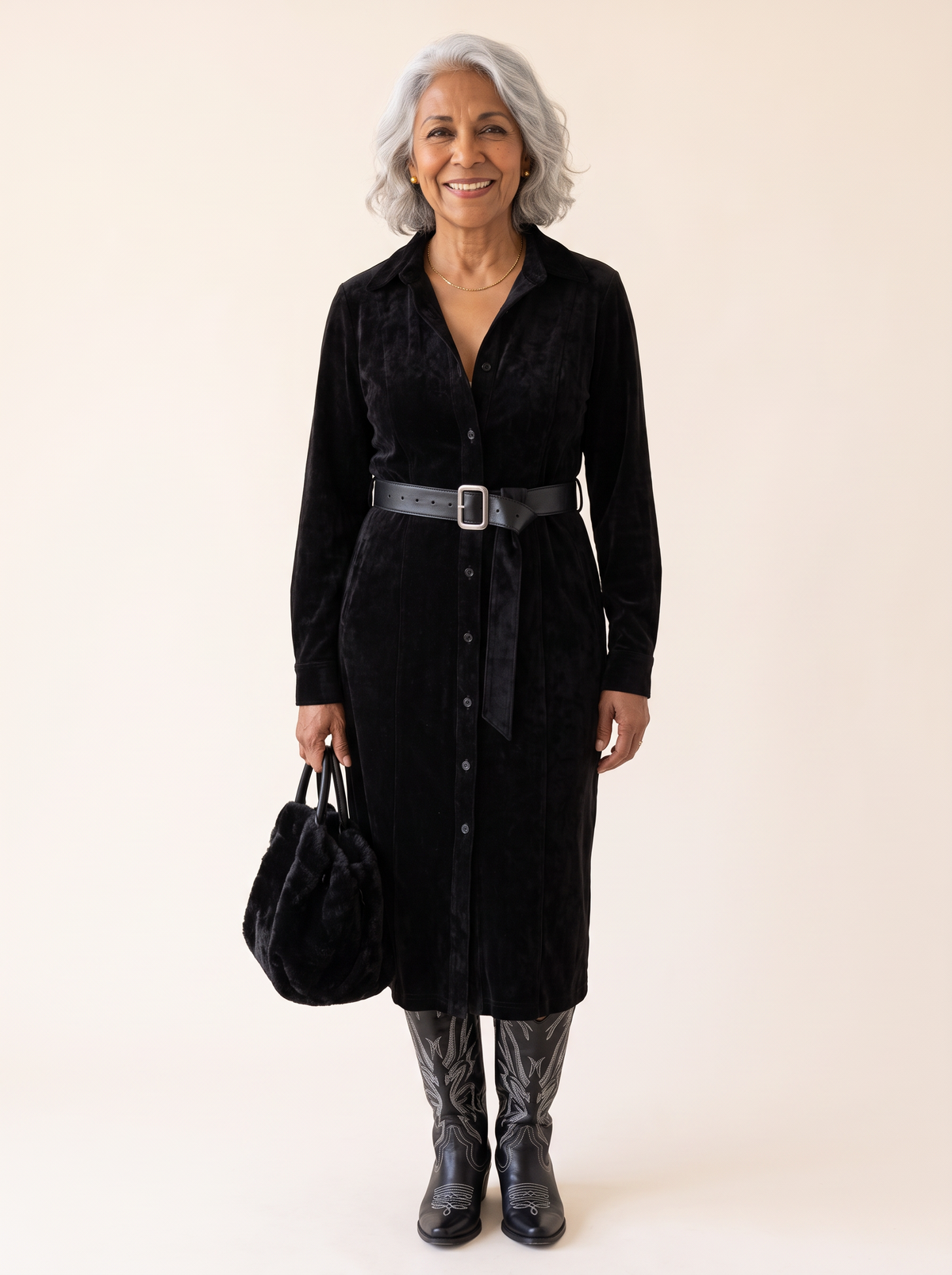 Adelina Suede Look Belted Midi Dress Black front