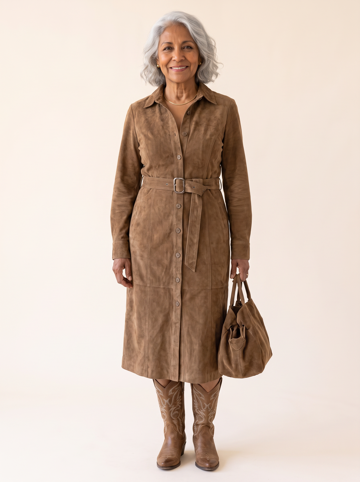 Adelina Suede Look Belted Midi Dress Brown front