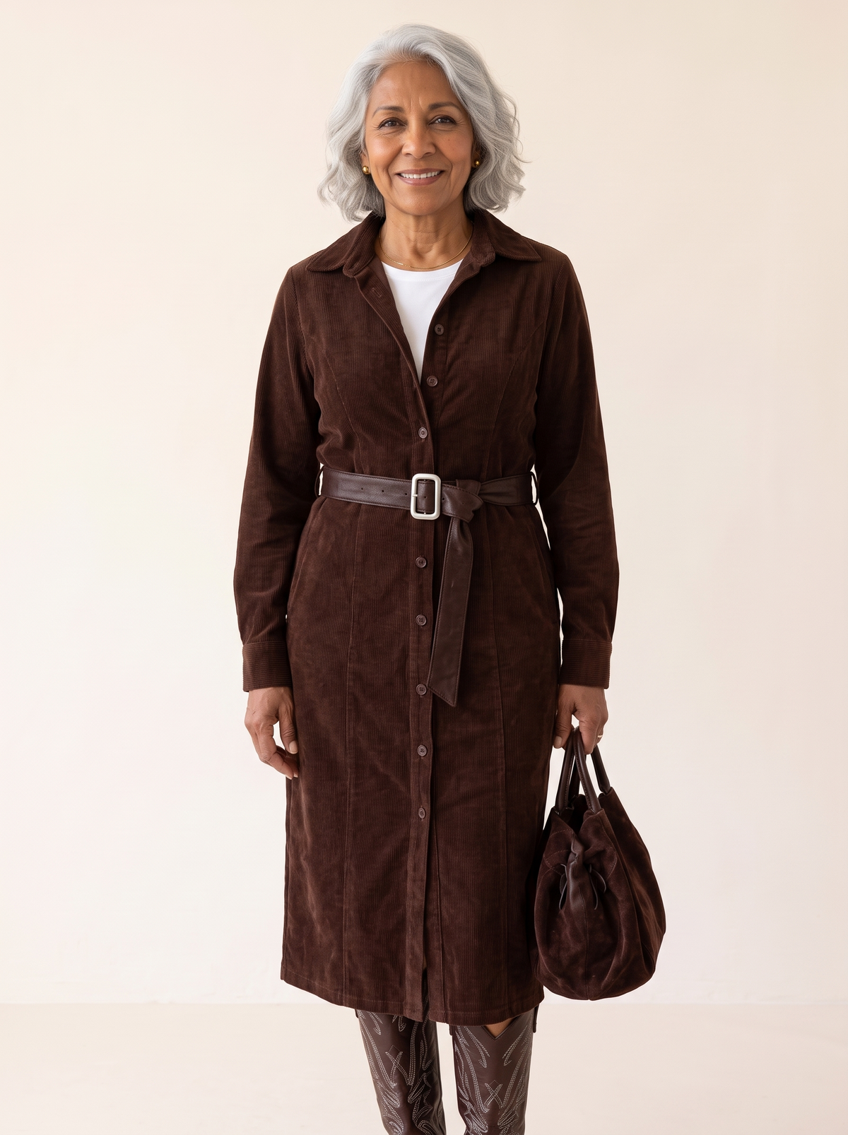 Adelina Suede Look Belted Midi Dress Dark Brown front