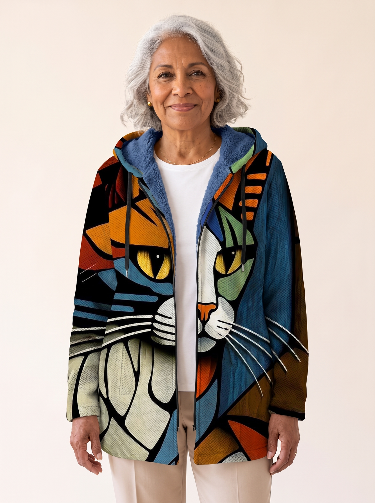Rosalia Artistic Hooded Cardigan Cat Print front