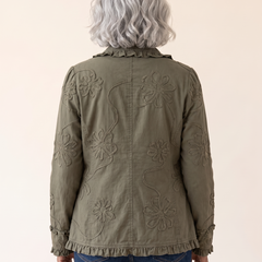 Alessandra Boho Chic Embroidered Floral Jacket Olive Green back