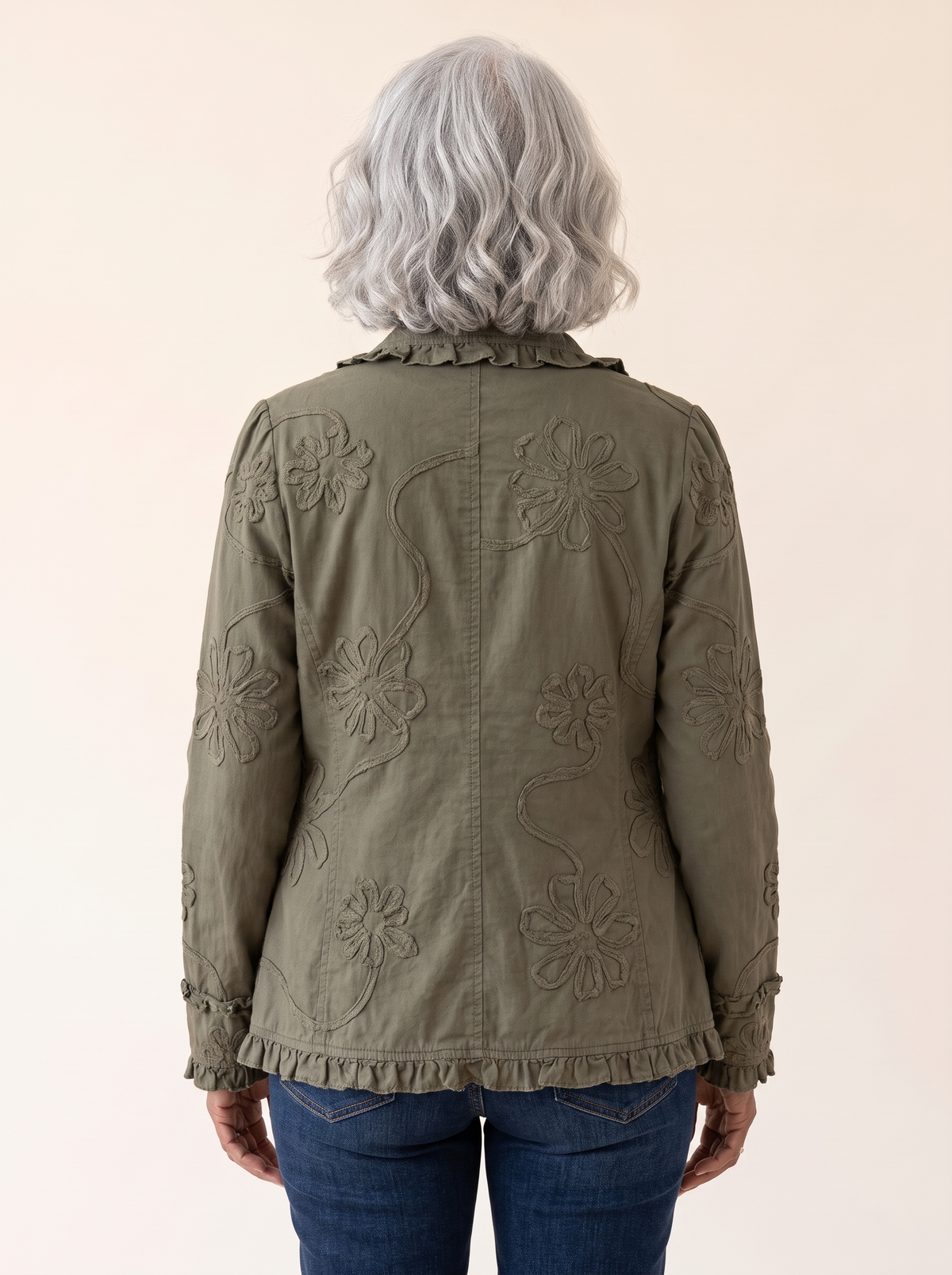 Alessandra Boho Chic Embroidered Floral Jacket Olive Green back