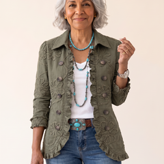 Alessandra Boho Chic Embroidered Floral Jacket Olive Green front