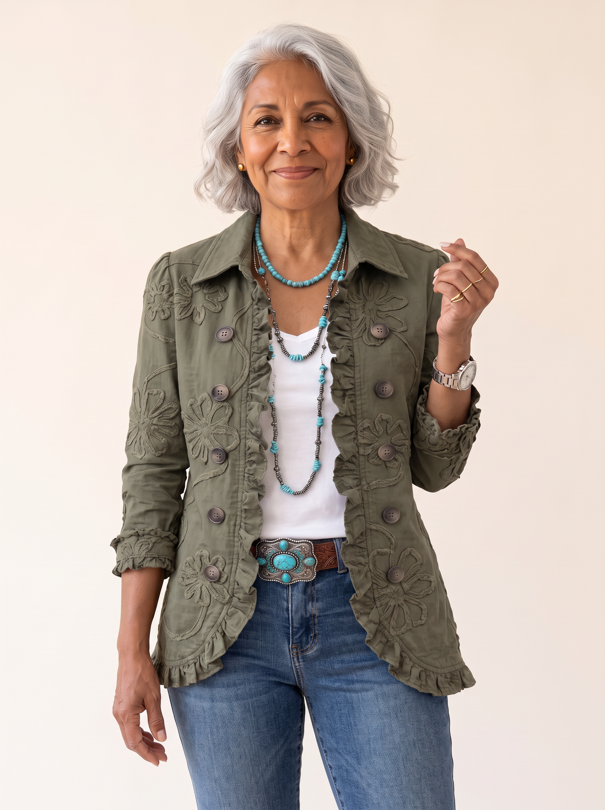 Alessandra Boho Chic Embroidered Floral Jacket Olive Green front