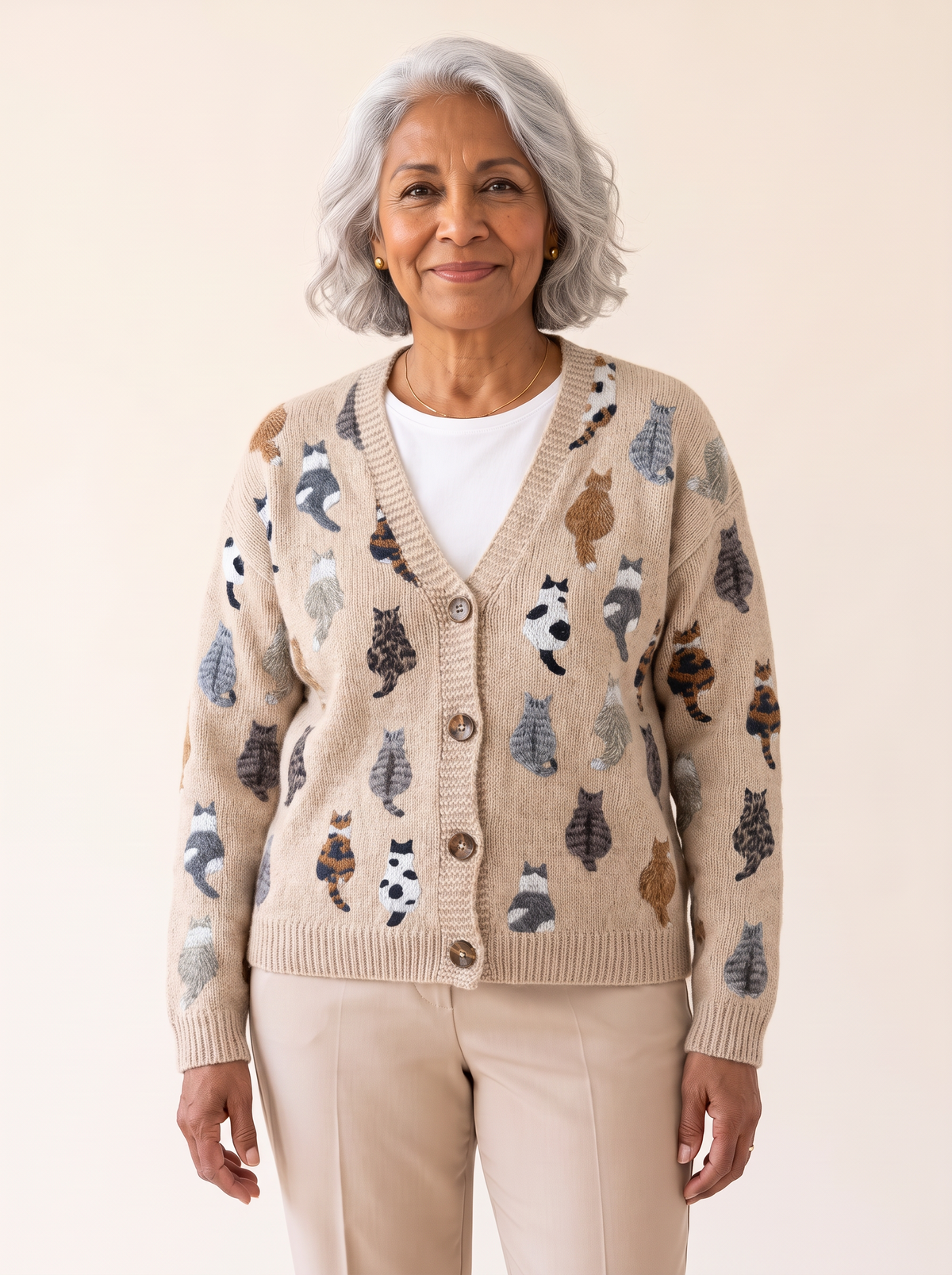 Marianne Cozy Cat Print Cardigan Beige front