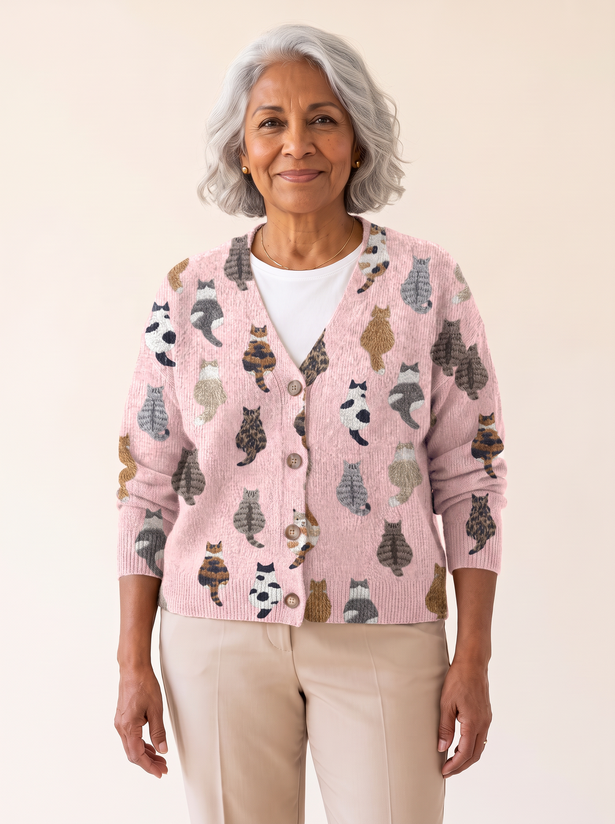 Marianne Cozy Cat Print Cardigan Pink front