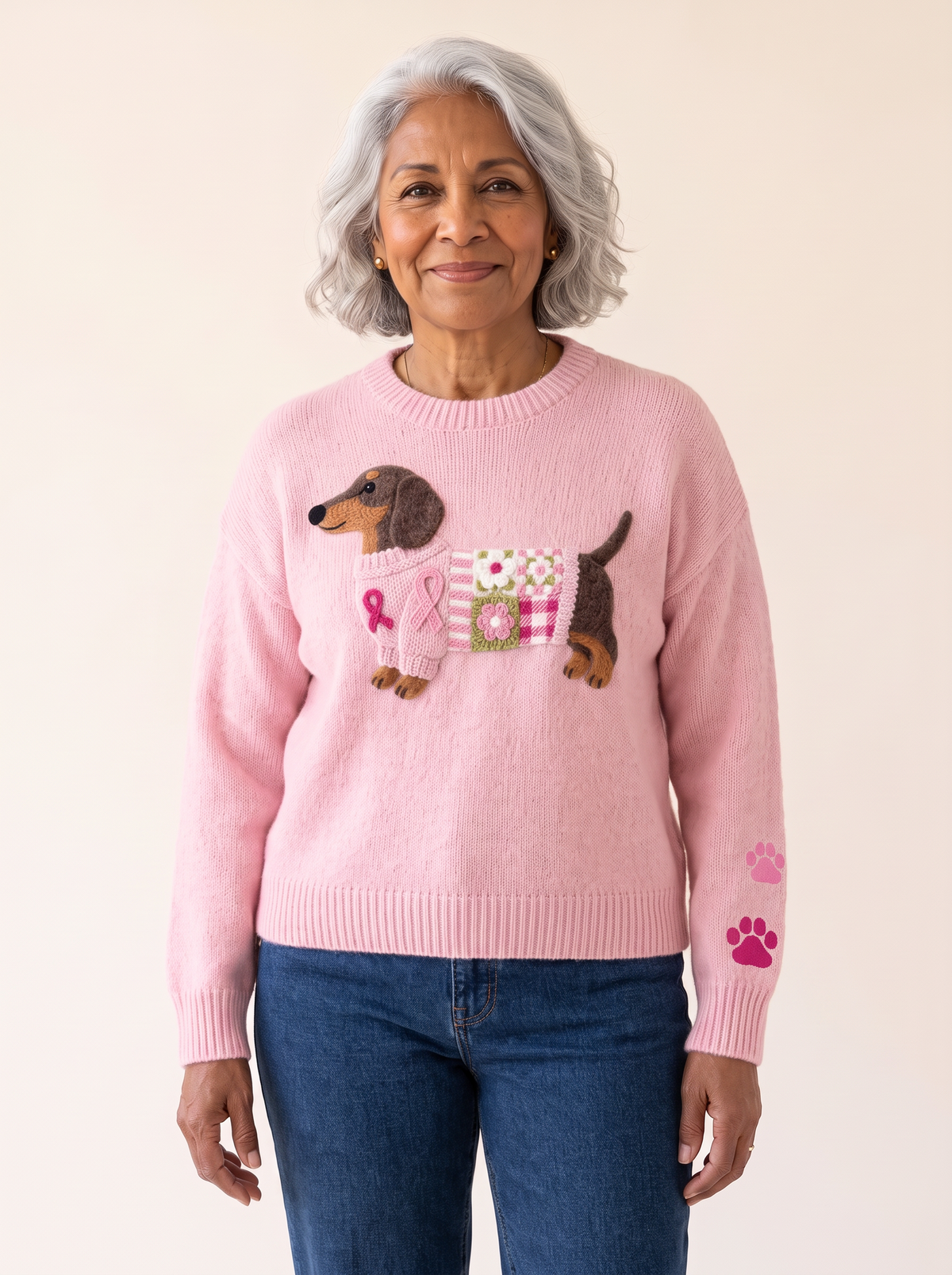 Bronagh Dachshund Graphic Knit Sweater Light Pink front