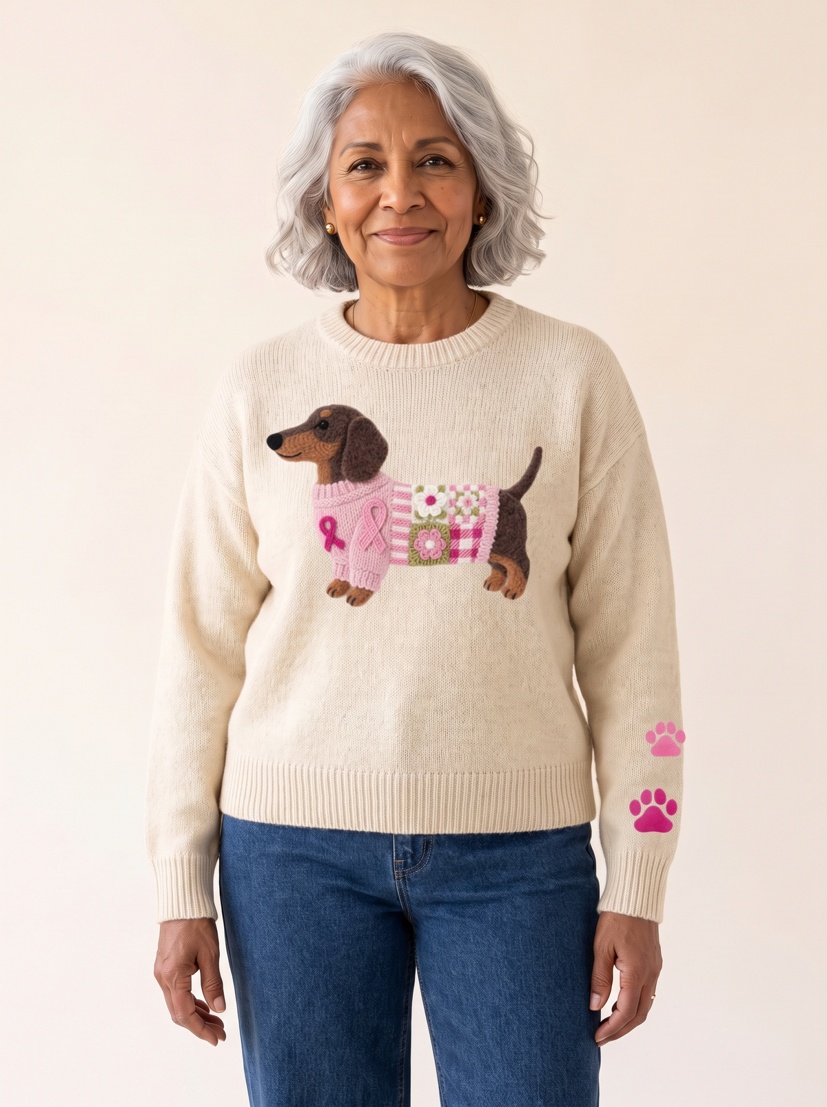 Bronagh Dachshund Graphic Knit Sweater Beige front