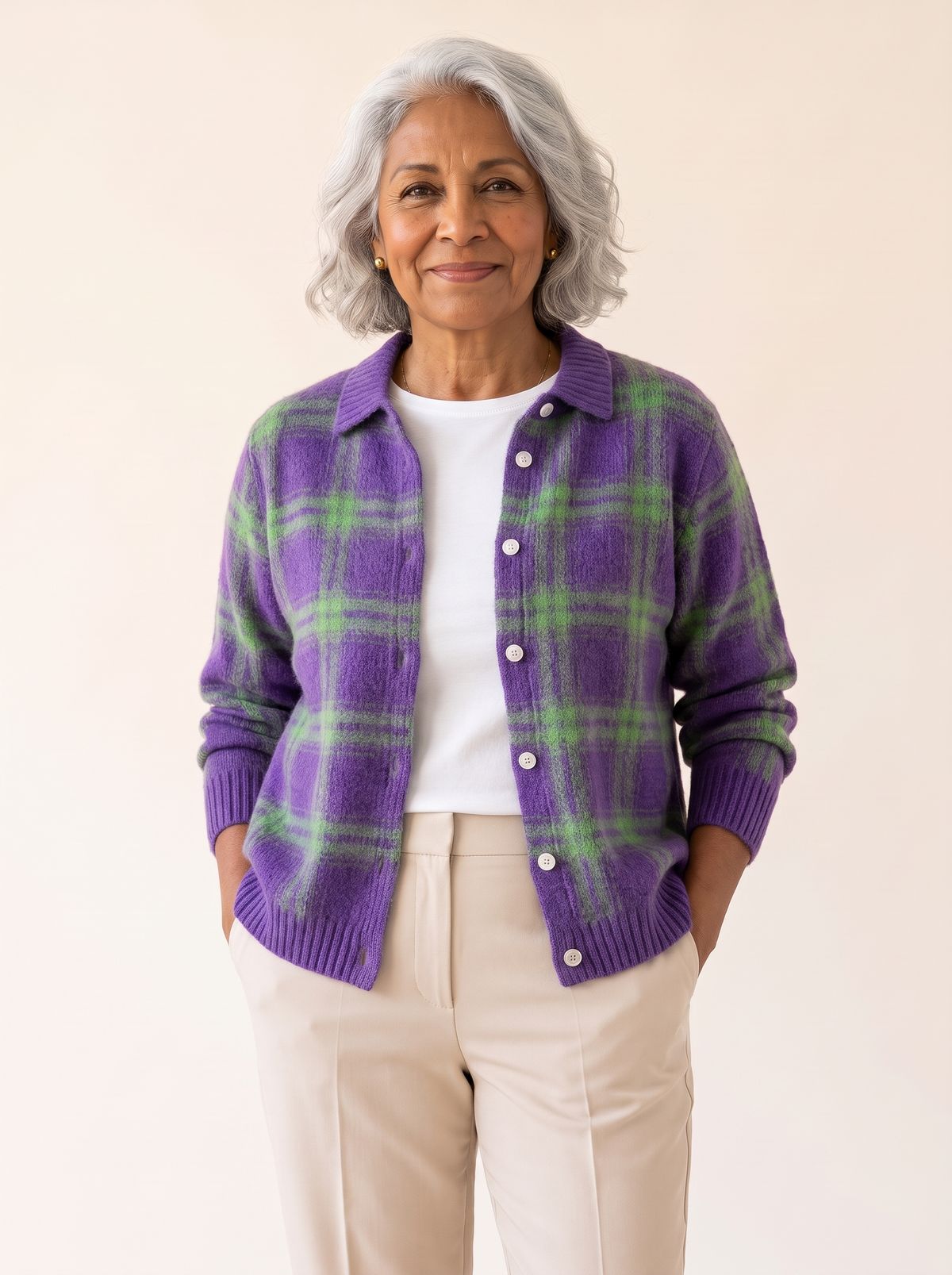 Dana Plaid Knit Cardigan in Purple and Green