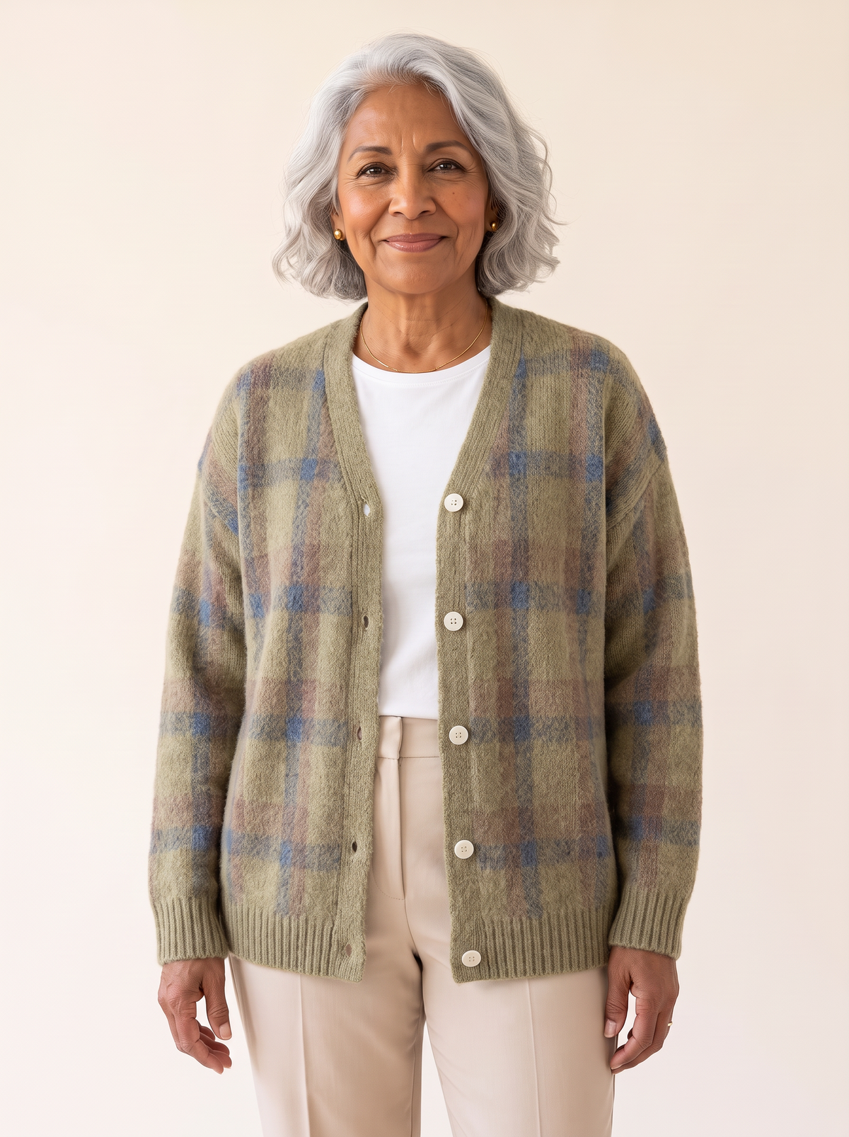 Dana Plaid Knit Cardigan in Sage Green