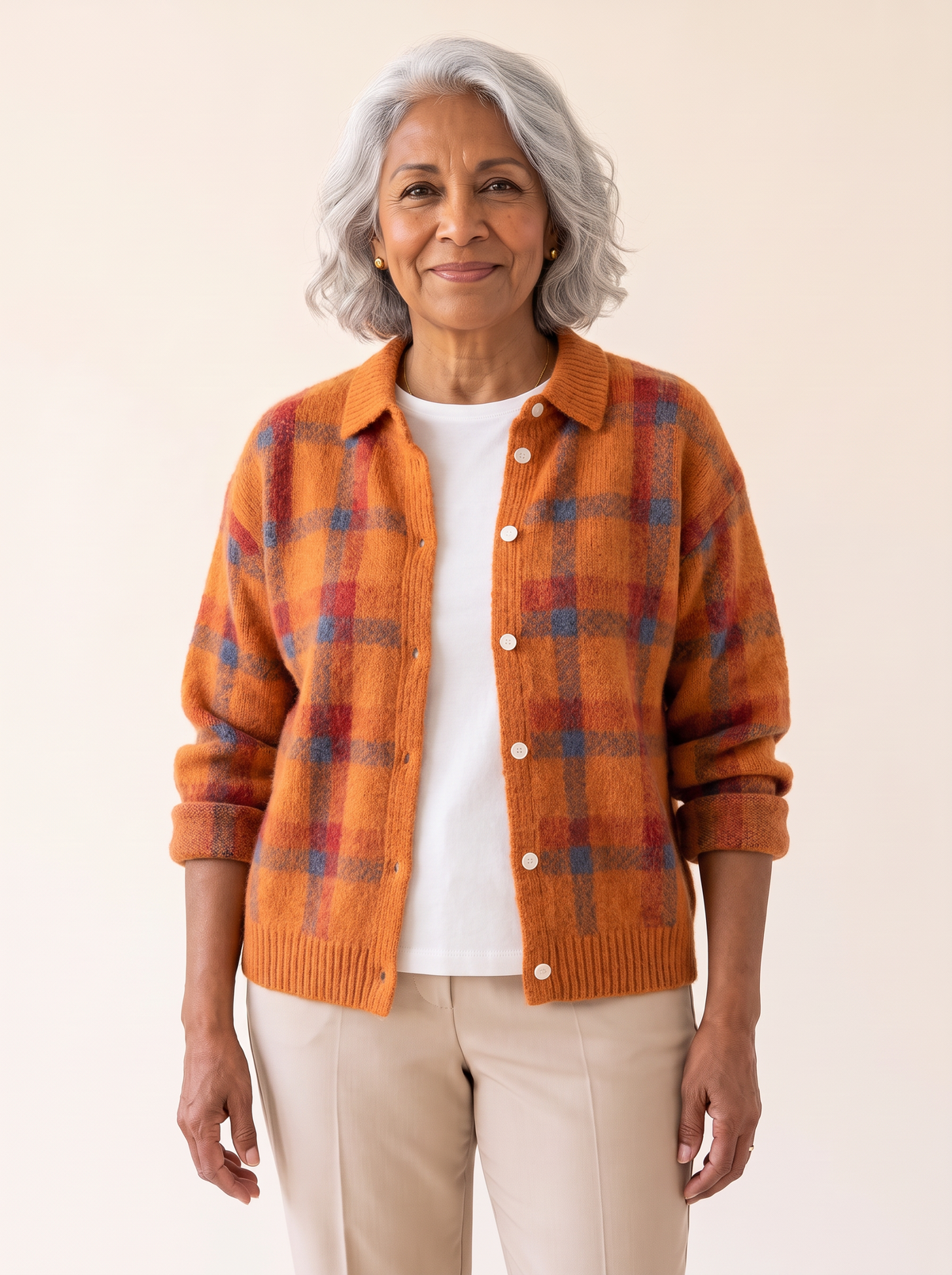 Dana Plaid Knit Cardigan in Orange front view