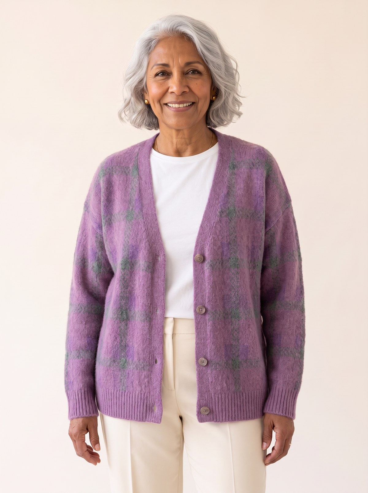 Dana Plaid Knit Cardigan in Purple