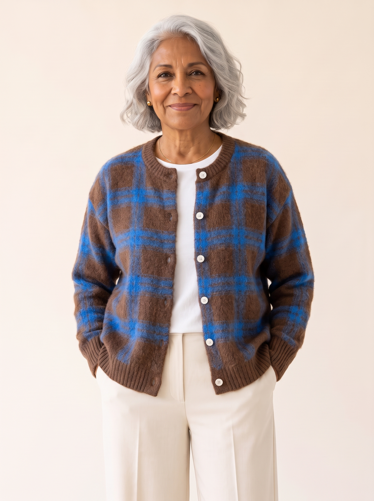 Dana Plaid Knit Cardigan in Brown