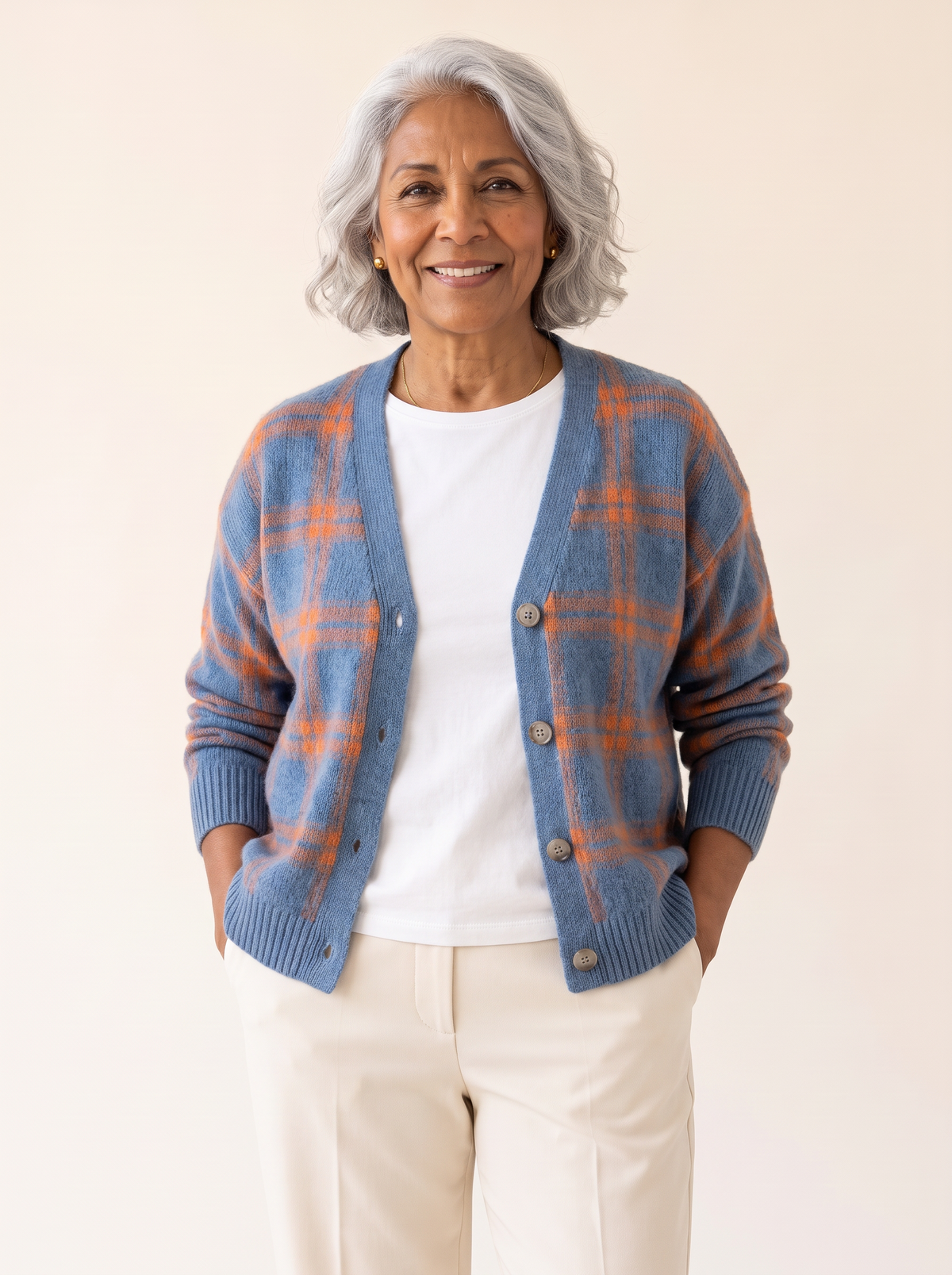 Dana Plaid Knit Cardigan in Blue